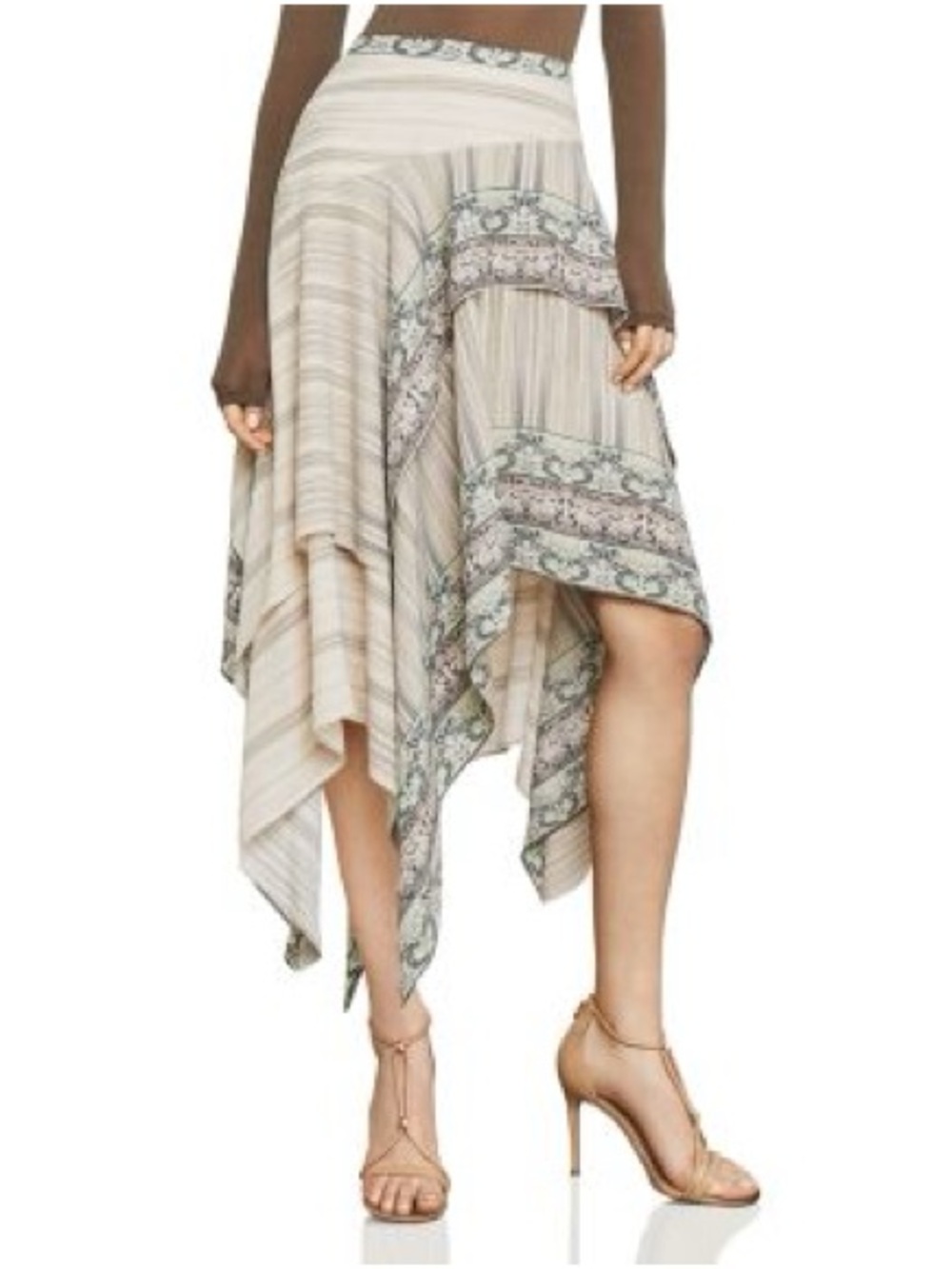 BCBGMaxAzria Bronwyn Asymmetric Tiered Mint Green & Gray Print Swing Midi Skirt